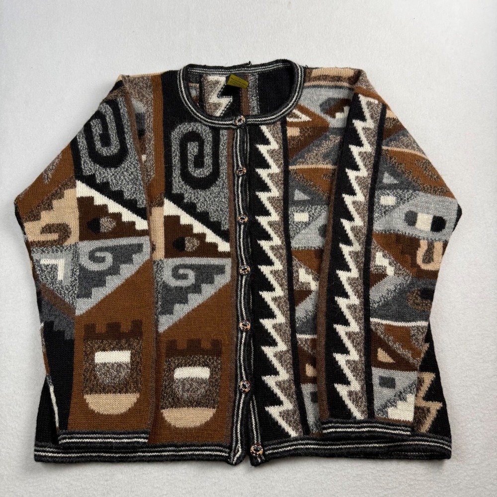 Handmade 100% Baby Alpaca Geometric Intarsia Cardigan‎ Sweater Brown Gray Large